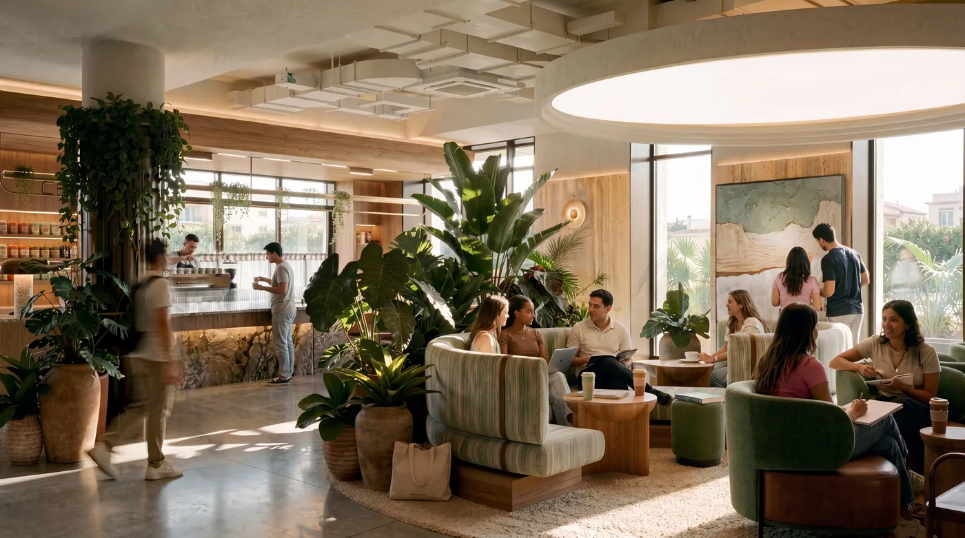The ground-floor café at The Herring, with lounge seating, planting and a service counter.