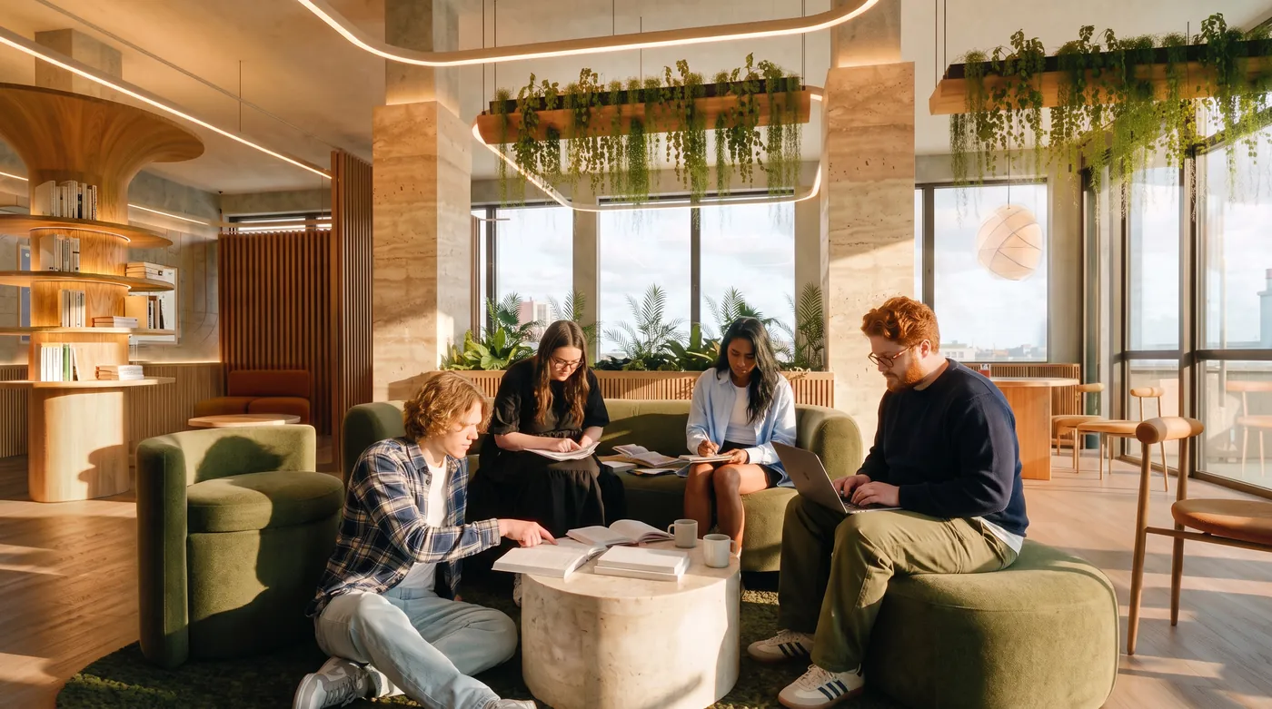 A communal lounge at The Herring, with students seated on soft green furniture beneath hanging planting.