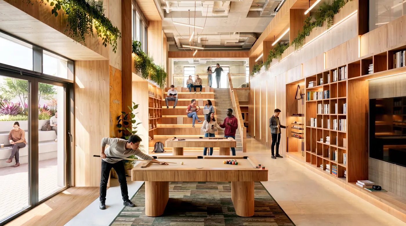 The games area at The Herring, with a pool table, library shelving and tiered stair seating.