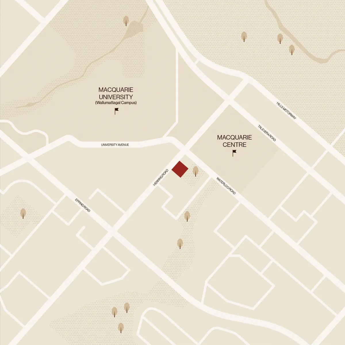 Map of Macquarie Park showing The Herring marked between Macquarie University and Macquarie Centre.
