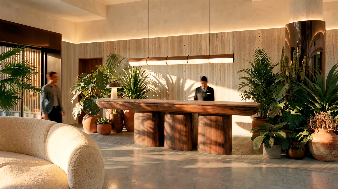 Reception at The Herring, with a timber concierge counter and planting.