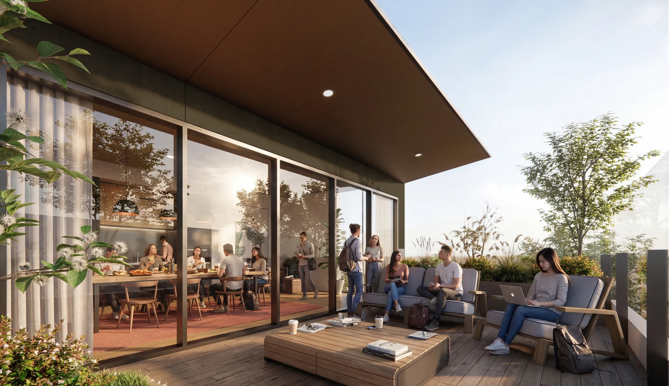 Residents on the rooftop terrace of The Herring at dusk, with planting and city views beyond.