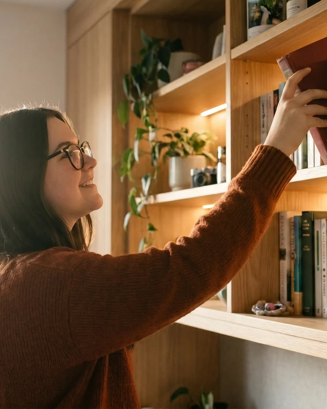 A resident selecting a book from built-in shelving.